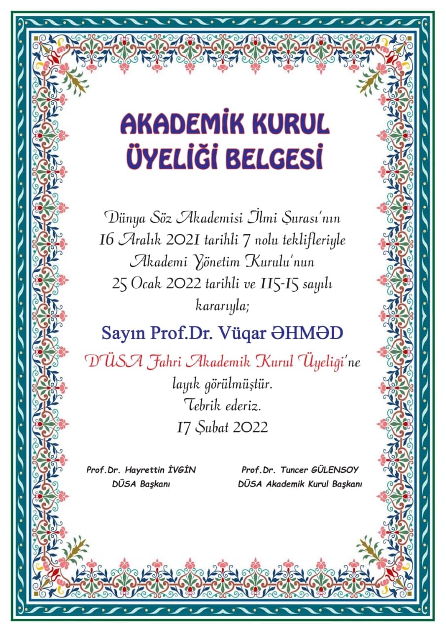 Professor Vüqar Əhməd Türkiyədə yenidən akademik seçilib